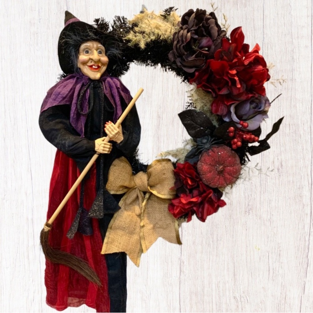 Hand crafted spooky season witch wreath with red and purple floral - Picture 1 of 6